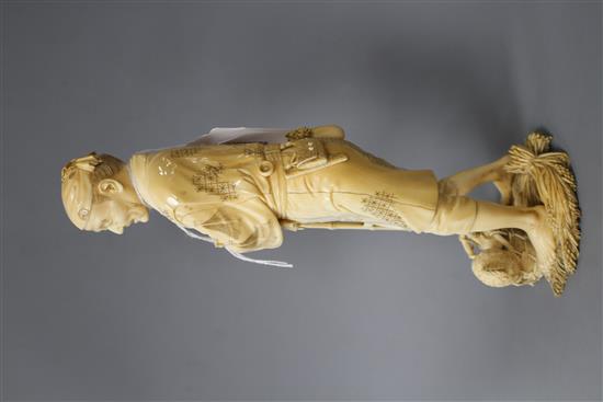 A Japanese Tokyo School ivory okimono, carved as a farmer above a chicken, Meiji period, signed, 24cm